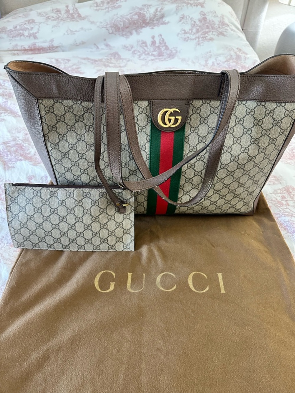 Gucci Beige GG Supreme Canvas Tote Brown Trim and Green-Red Web with wristlet